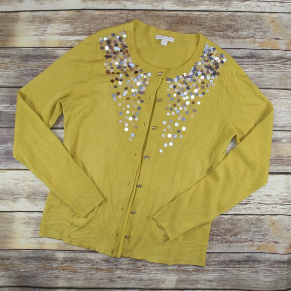 New York & Company Sweaters - New York & Co Mustard Yellow Sequin Cardigan